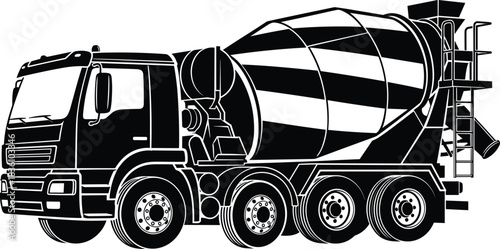 Cement Mixer Truck Black and White Silhouette, Concrete Construction Vehicle, Heavy Industrial Machinery, Drum Rotating, Technical Vector Illustration, Building and Transport.