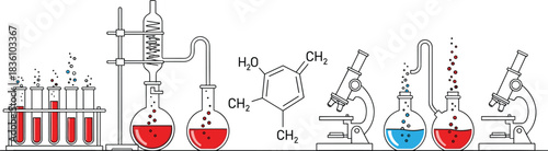 Chemistry Laboratory Equipment Line Art, Test Tubes, Flasks, Microscope, Scientific Research, Distillation Apparatus, Molecular Structure, Vector Illustration, Education.