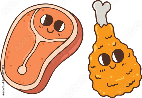Cute Chicken leg with steak meat cartoon hand drawn character illustration