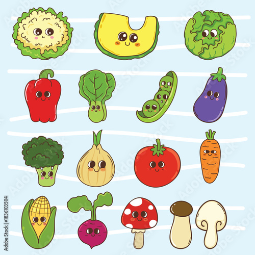 Collection vegetables cartoon hand drawn character illustration