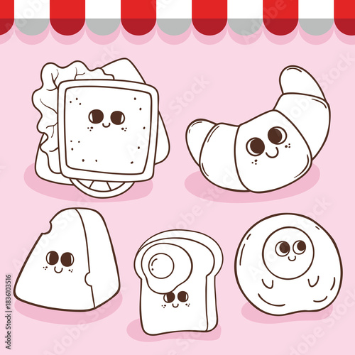 Cute breakfast food cartoon hand drawn character coloring book for kid illustration