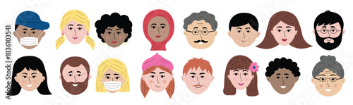 Hand drawn human faces doodle set. Colorful people avatars of different sex, nationality, age for social networks, website. Portrait with positive facial expression.