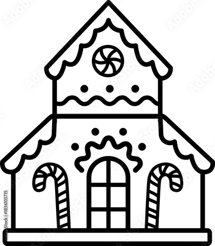 Gingerbread house cookie outline template.
Winter Children's Christmas activity coloring page isolated. 
Gingerbread house line icon.
Transparent background. SVG.
