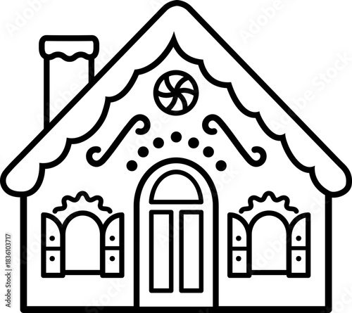 Gingerbread house cookie outline template.
Winter Children's Christmas activity coloring page isolated. 
Gingerbread house line icon.
Transparent background. SVG.
