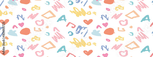 colorful pattern with hearts and letters 