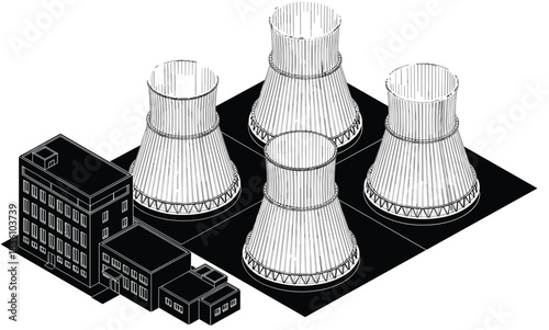 Isometric thermal power plant structure; large cooling towers and industrial buildings; black and white illustration; electricity generation facility; energy production architecture vector;