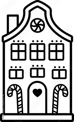 Gingerbread house cookie outline template.
Winter Children's Christmas activity coloring page isolated. 
Gingerbread house line icon.
Transparent background. SVG.
