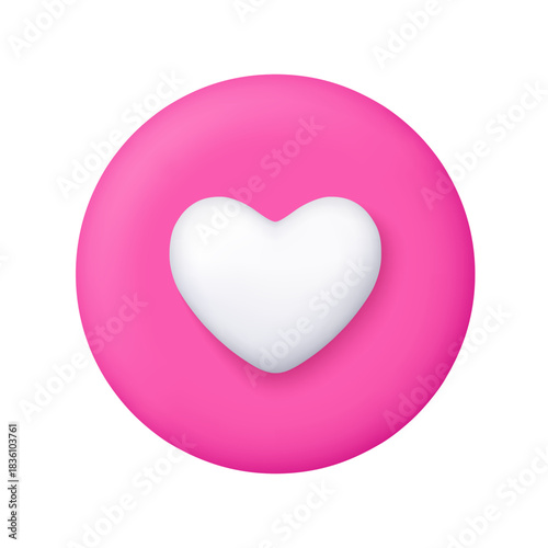 White heart on pink circle badge. Valentine's day, wedding, love, likes and social media concept. 3d vector icon. Cartoon minimal style.