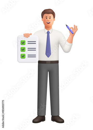 Young smiling businessman Ted holding pencil and checklist with completed tasks. Task management, productivity, organization, planning concept. 3d vector people character. Cartoon minimal style.