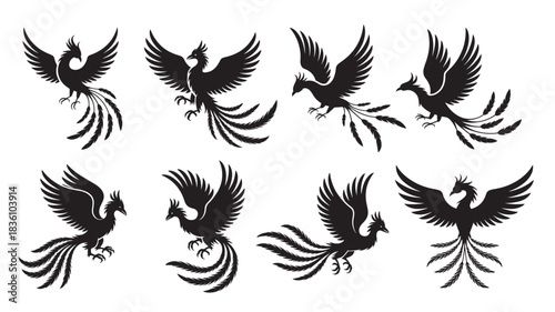 eight black silhouette phoenix birds flying and perched
