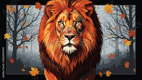 Majestic lion portrait with fiery orange and red mane walking through a mysterious foggy autumn forest with bare dark trees and golden falling maple leaves.