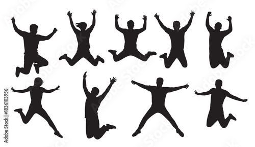 eight black silhouettes of people jumping with arms raised 