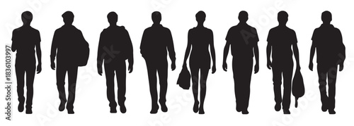 eight black silhouettes of people walking carrying bags