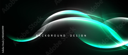 Abstract design features flowing turquoise lines over dark background. Modern, dynamic composition creates sleek visual effect.