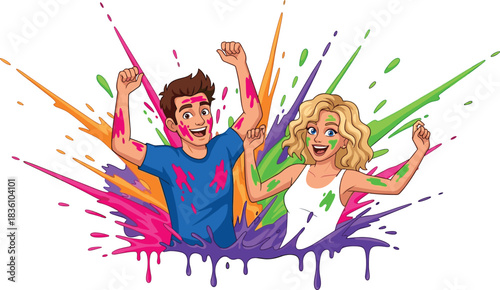 Paint, splash, illustration, with, people, celebration, colorful, joy, festival, Holi, party, vibrant, expression, vector, content, fun, emotion, dynamic, energy, playful, character, happiness