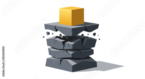 Golden cube resting on a stack of crumbling grey rock slabs, with fragments floating.