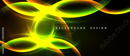 Abstract vibrant lines create dynamic energy. Yellow, green, orange hues blend against black backdrop. Modern design element.