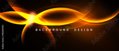 Abstract orange light curves radiate from bright center. Dark background emphasizes glowing design elements, creating dynamic visual effect.