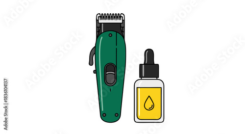 A green electric hair clipper and a small bottle of lubricating oil for personal grooming and maintenance.