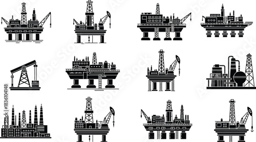 Oil, rig, illustration, with, silhouette, refinery, pumpjack, platform, industry, energy, extraction, structure, vector, content, petroleum, offshore, onshore, drilling, equipment, industrial, 