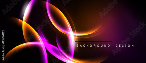Abstract neon lines create dynamic flow. Vibrant purple, orange hues contrast dark background. Modern design element.