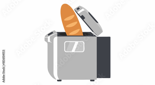 A modern automatic bread maker machine with a freshly baked loaf of bread inside and the lid open.