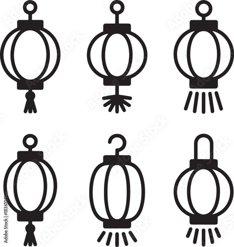 Asian Lantern Hanging Set Line Icons