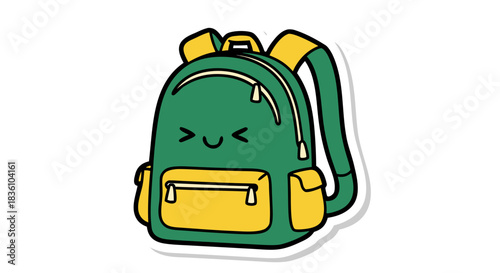 Cute cartoon green and yellow backpack with a smiling face sticker on a white background.
