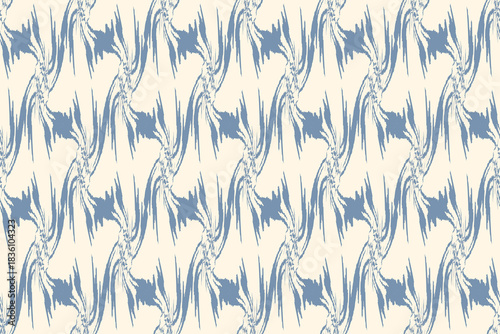 Abstract Blue Ikat Wave Seamless Pattern. Artistic pattern blends traditional Ikat influences. Seamless ethnic Ikat pattern in tribal, folk embroidery, and Mexican style Aztec geometry for Graphic Art