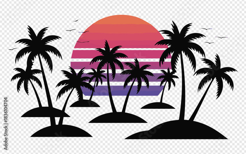 Dreamy tropical island escape with palm trees at sunset in retro style perfect for summer vibes and vacation designs, adding a touch of paradise to your work