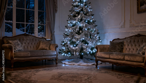 Cozy Living Room with Lit Christmas Tree and Sofas