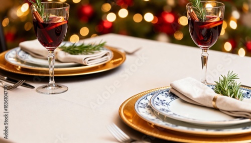 Elegant Holiday Table Setting with Mulled Wine and Plates