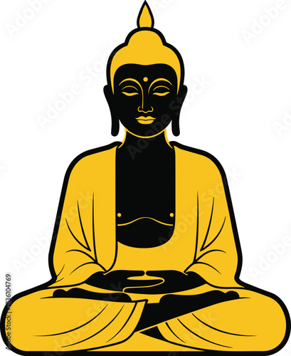 Stylized Buddha in golden robes and meditative pose, vector illustration for spiritual enlightenment, mindfulness theme, and editorial peace content