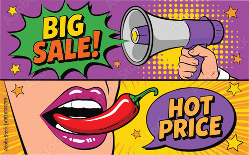 Bold announcement of a big sale with hot prices, vibrant pop art style perfect for grabbing attention and driving sales with an irresistible offer today