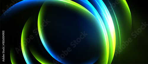 Abstract design features vibrant blue, green light curves. Smooth gradients create dynamic visual effect. Dark background emphasizes luminosity.