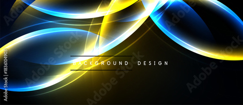 Abstract flowing lines, vibrant blue, yellow hues over dark background. Modern design element, dynamic composition, sleek presentation.