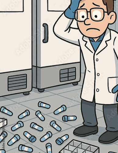 scientist in lab coat reacting to spilled test tubes on floor in laboratory setting for science mishap and workplace safety illustration