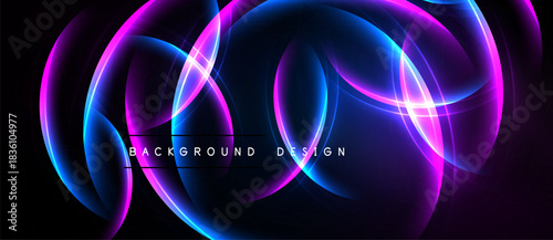 Abstract neon lights form flowing shapes. Vivid purple, blue hues dominate dark background. Modern design element.