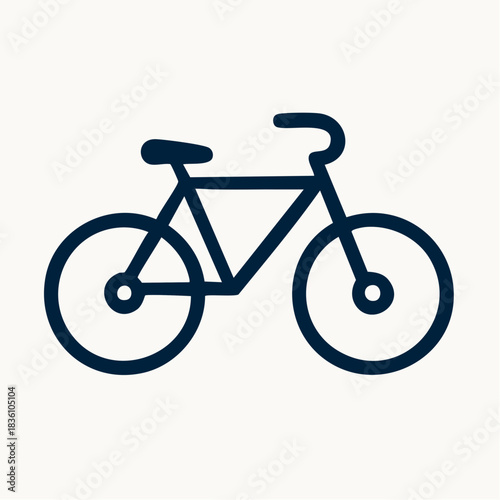 A simple, dark blue line drawing of a bicycle, featuring two wheels, handlebars, and a seat, isolated on a white background.