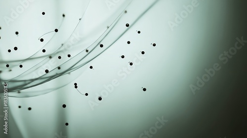 Abstract flowing lines connecting multiple black spheres against a soft greenish gradient background