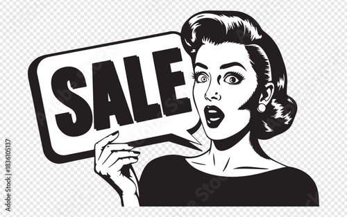 Surprised retro woman announces huge sale with speech bubble, perfect for advertising and promotions, grab attention with this vibrant pop art style illustration