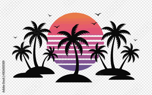 Dreamy tropical sunset scene with palm trees and birds, perfect for summer vibes and vacation dreams or inspiring travel adventures and beach holidays
