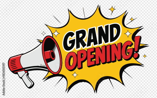 Announcing grand opening with dynamic megaphone illustration, perfect for marketing campaigns, retail promotions, and exciting business announcements