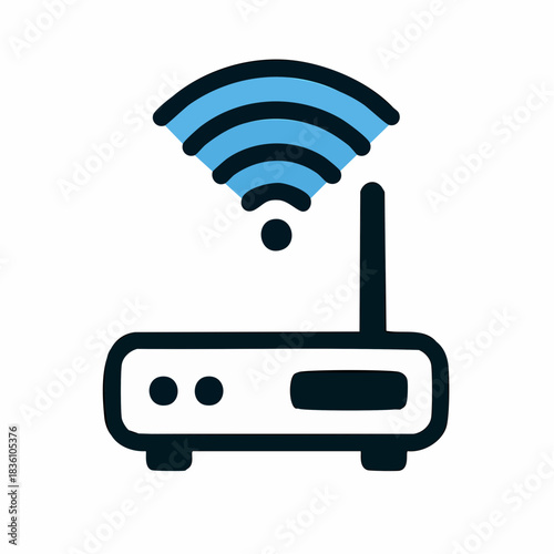 A stylized illustration of a wireless router with a blue Wi-Fi signal emanating from it.