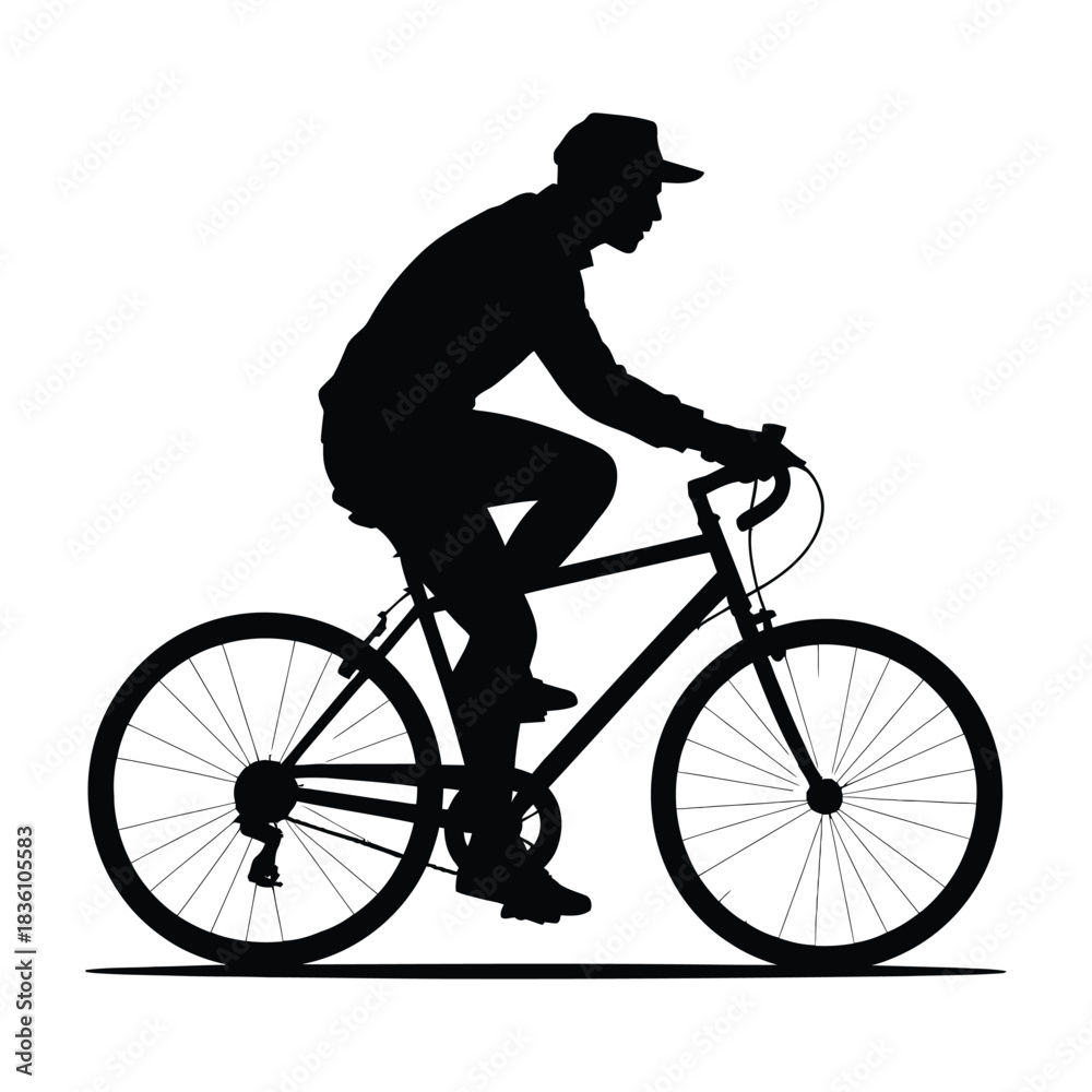 Naklejka premium Silhouette vector image of a black silhouette of a person riding a bicycle, side view, on white background.