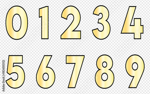Elegant golden numbers 0 to 9 shimmering with luxury, perfect for invitations, sales banners, and modern designs adding a touch of class