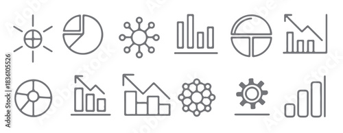 gray scale line art icons set featuring bar charts pie 