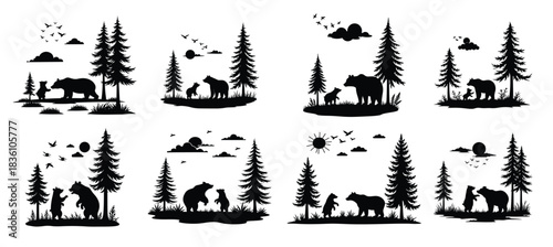 Bear family silhouette with pine trees and birds vector