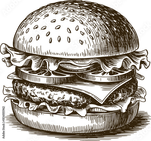 Vintage engraving woodcut burger vector illustration art design
