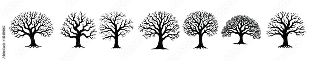 Naklejka premium Black bare trees silhouettes on white background winter